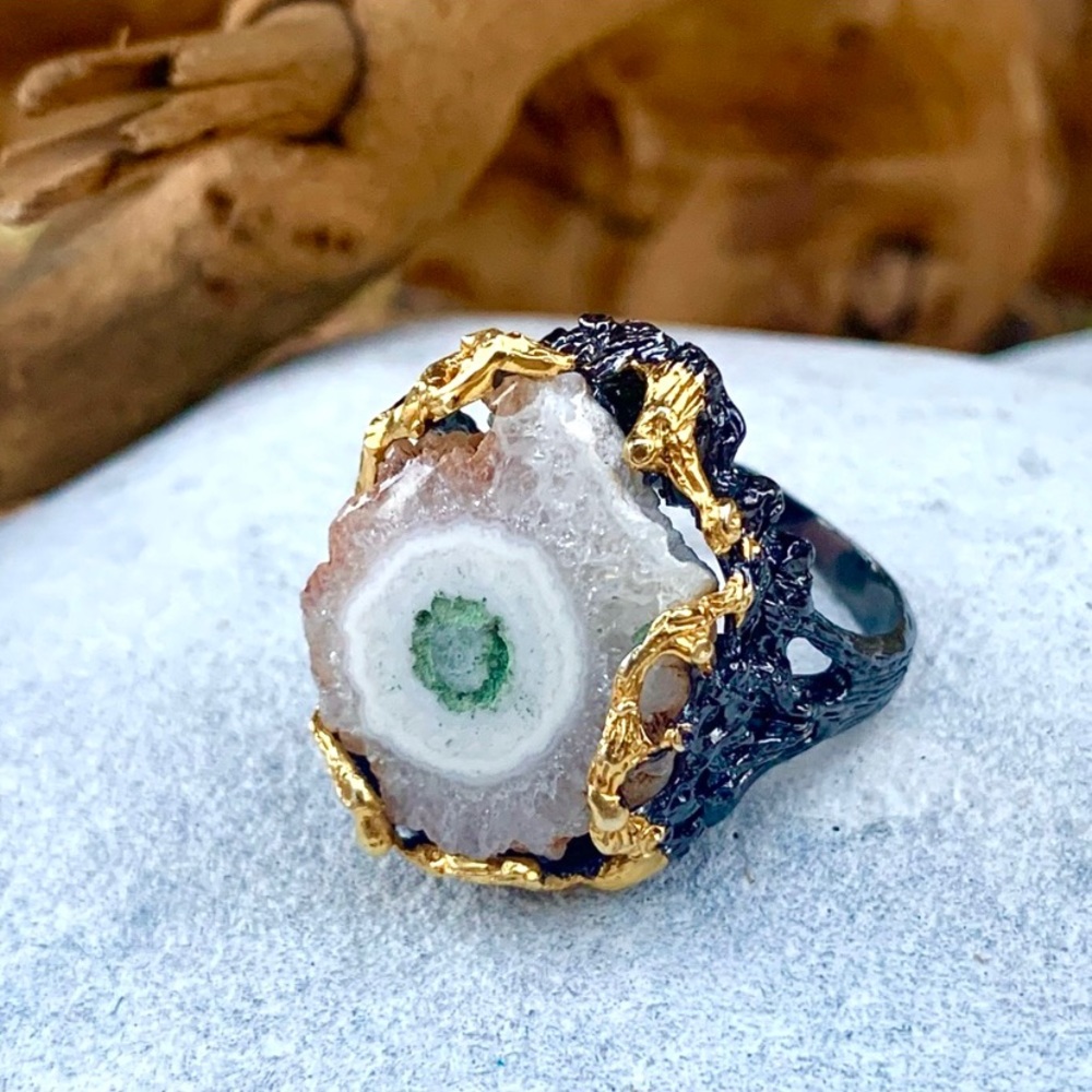 Solar Crystal Quartz Solid Sterling & 14kt Ring - Picture 2 of 4